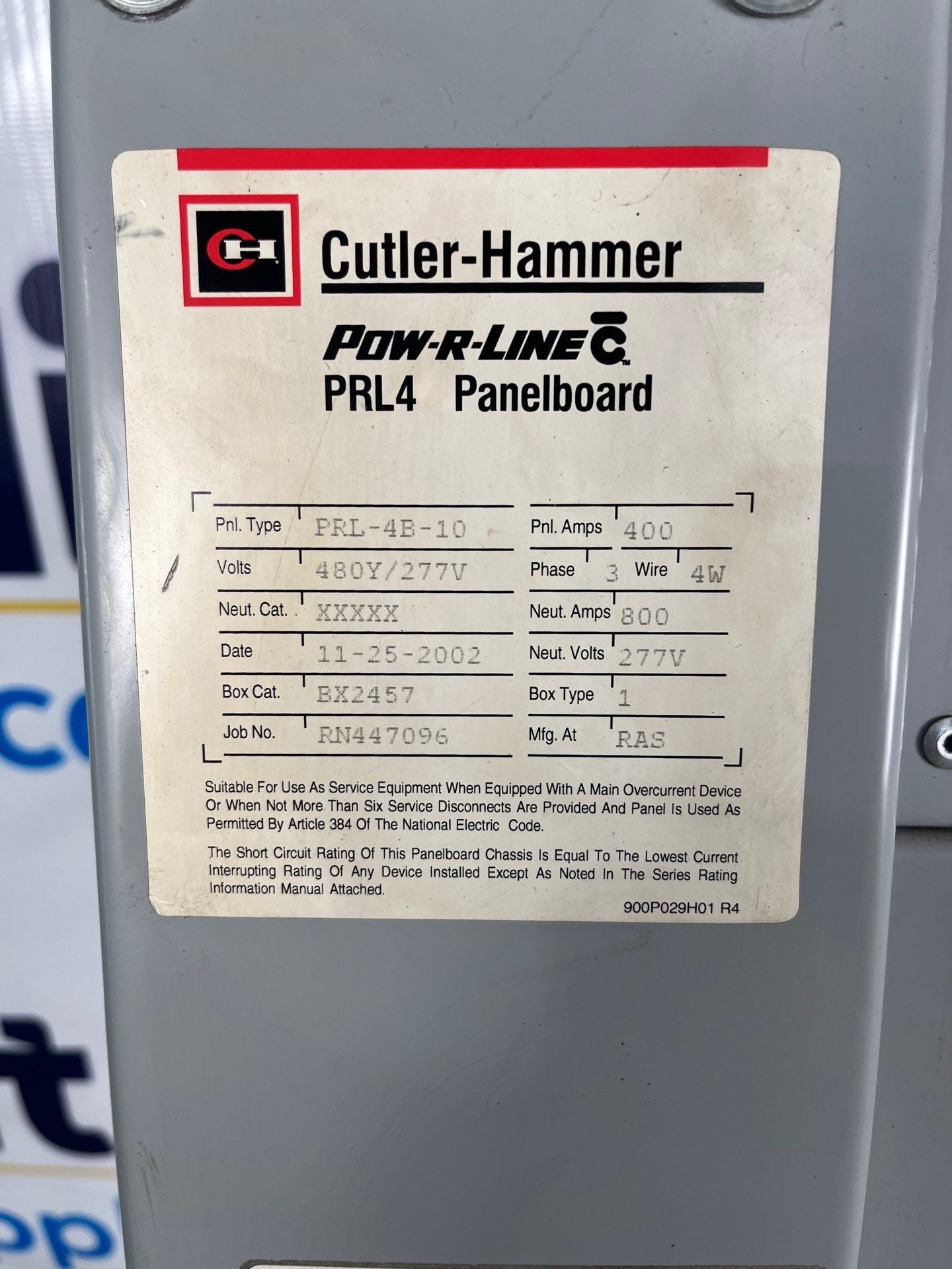 CH PRL4 Panelboard 400A 480/277V 3PH 4W MLO Indoor Encl BX2457 Box Used