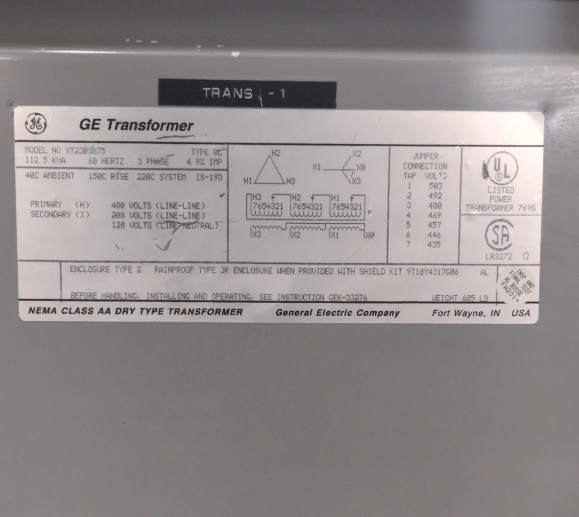 112.5KVA GE Transformer 9T23B3875 Indoor Encl Pri 480V Sec 208/120V 3PH 60Hz Used