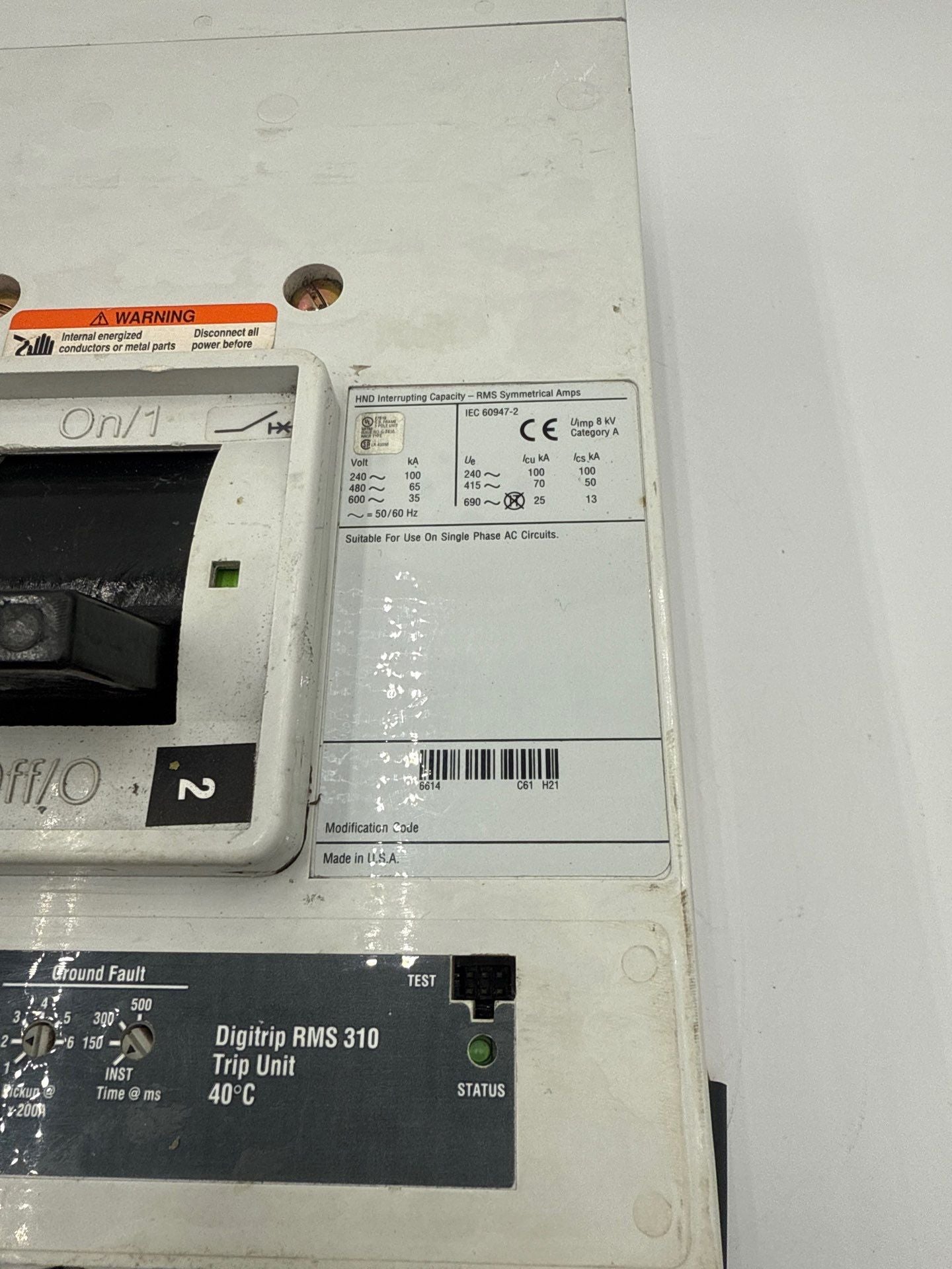 Eaton HND312T36W Circuit Breaker 1200A 3P 600V HND 65k LSIG 1200 Amp HND312 Used