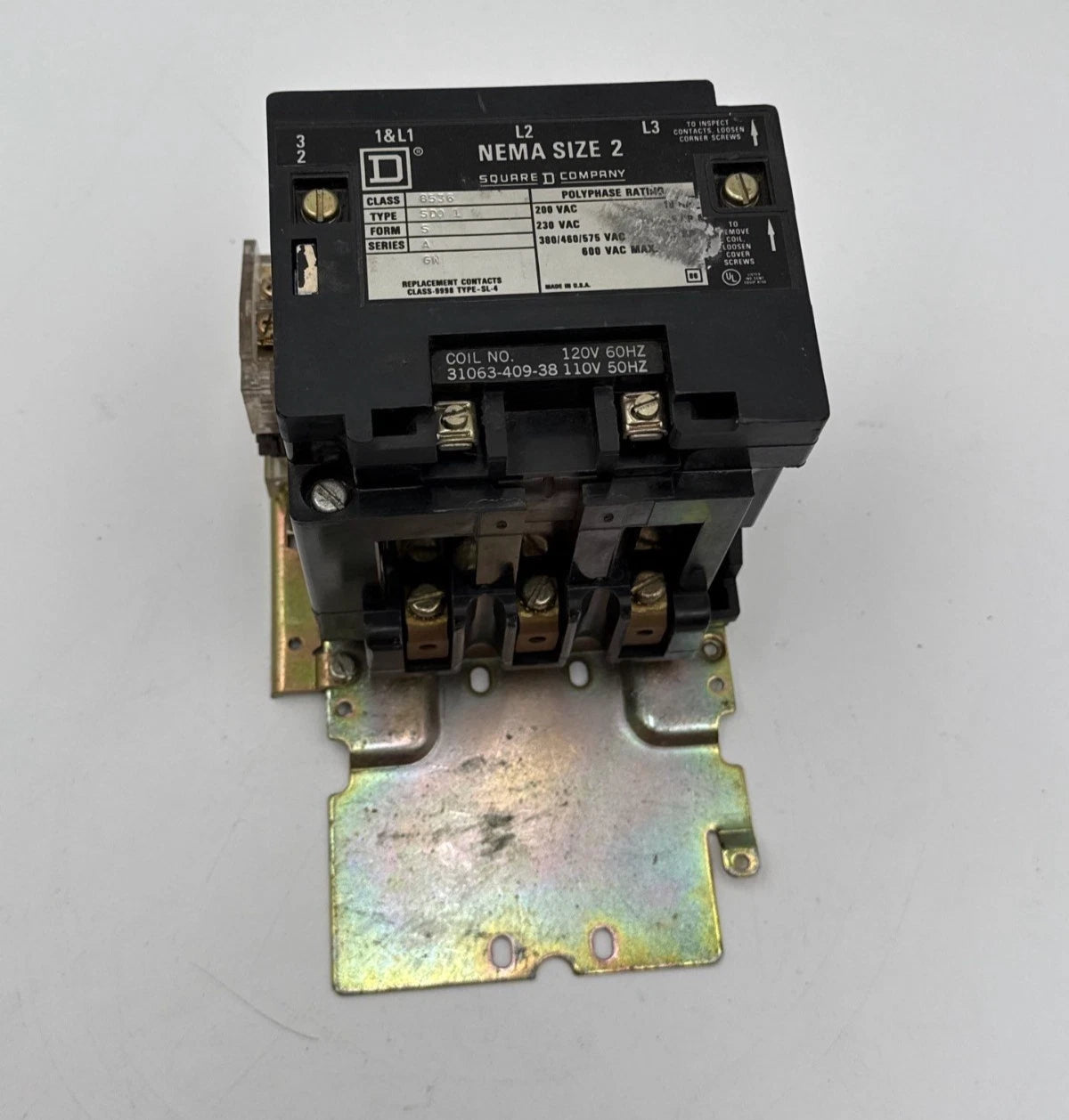 Square D 8536SD01 NEMA Size 2 Contactor Coil 110/120V 3P 600V 3PH 25HP 8536-SDO1 Used