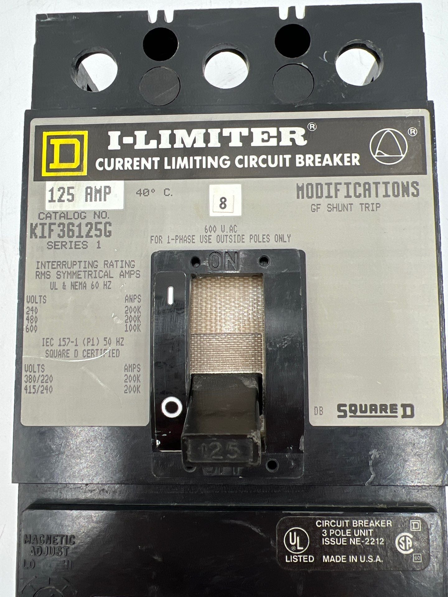 SQUARE D KIF36125G Circuit Breaker 125A 600V 3P 125 Amp Ground Fault GFM250 Used