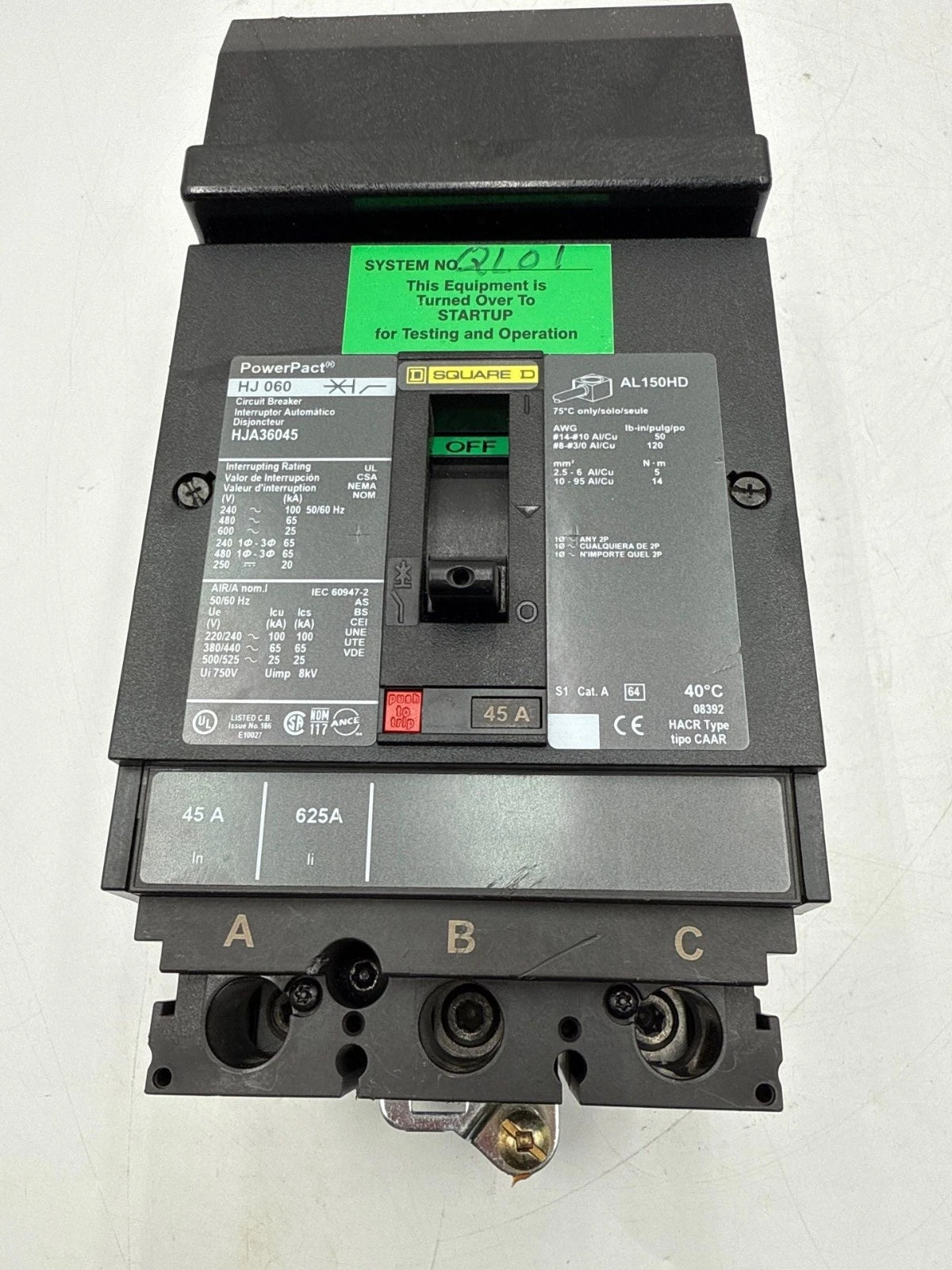 Square D HJA36045 I-Line Circuit Breaker 45A 3P 600V 3PH HJA 45 Amp 3 Pole Used