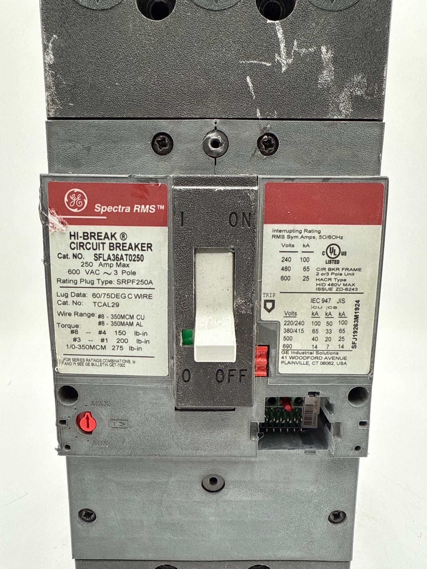 GE SFLA36AT0250 Circuit Breaker 250A 3P 600V FRAME 250 Amp 3 Pole NO PLUG Used