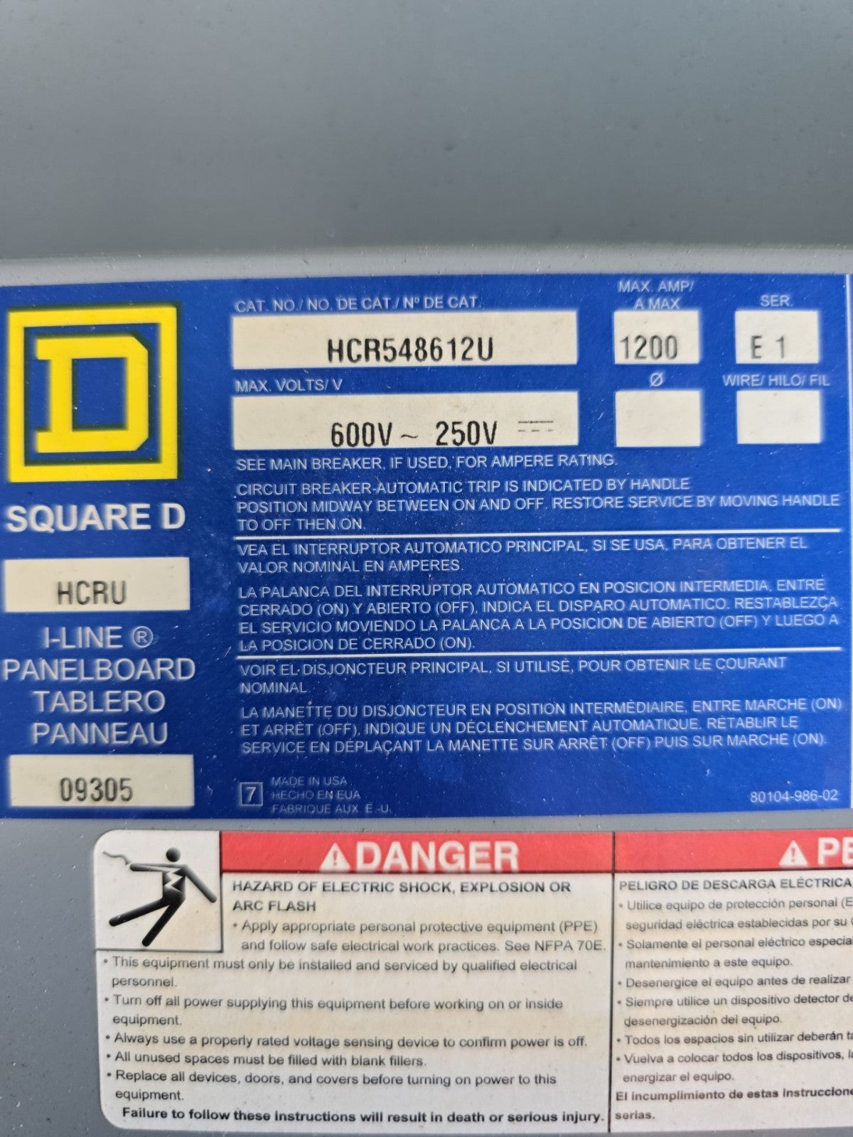 Square D HCRU I-Line Panelboard 1200A 600V PGA36120 MCB Panel 1200 Amp 3R Encl Used