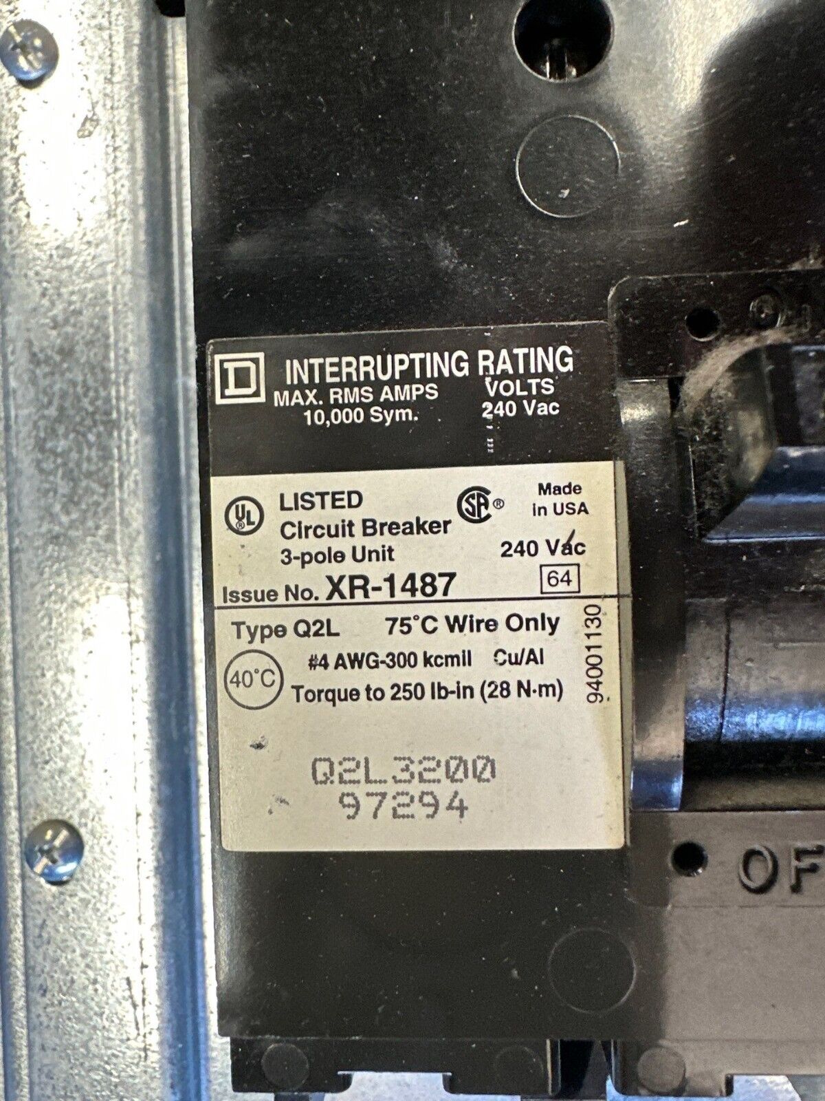 Square D NQOD Panelboard 225A 208Y/120V 3PH 42Cir 4W Indoor Encl MCB Q2L3200 P323 Used