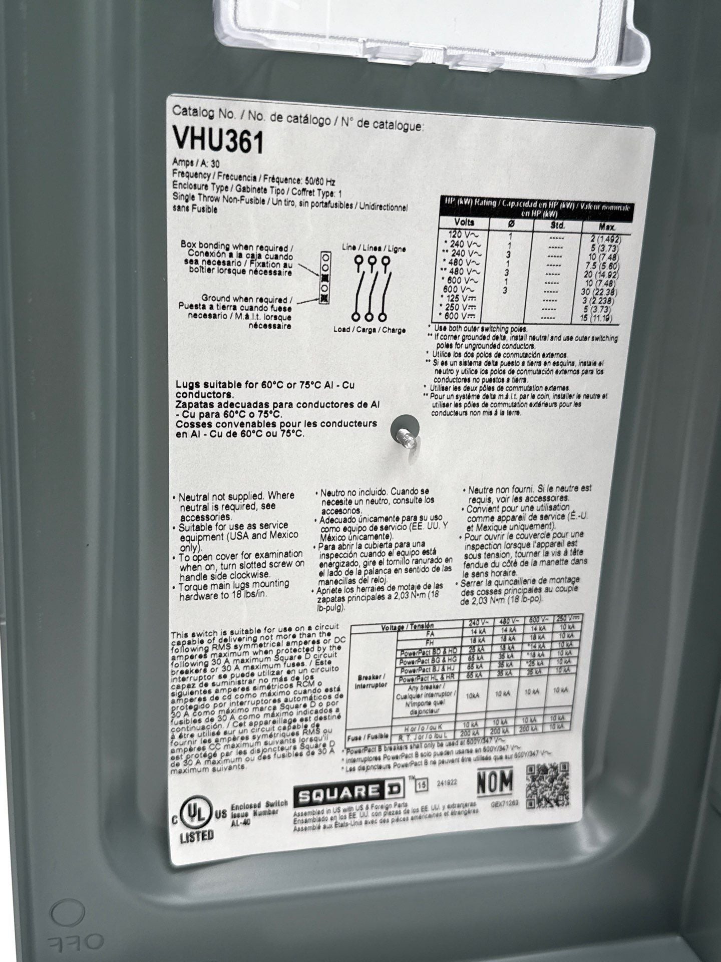 Square D VHU361 Safety Disconnect Switch 30A 3P 600V VisiPacT Type 1 Indoor New