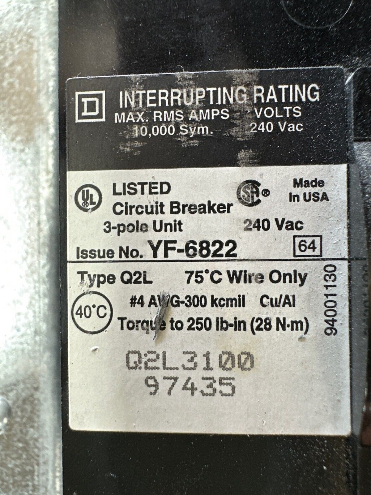 Square D NQOD442M225 Panelboard 225A 208Y/120V 3PH 4W Main Breaker Q2L3100 MCB P400 Used