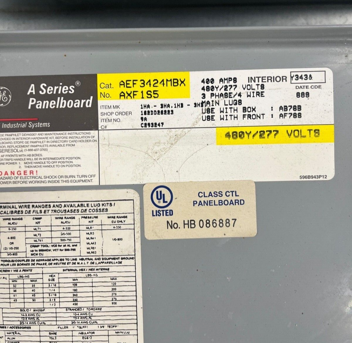 GE AEF3424MBX Panelboard 400A 480/277V 4W 3PH Indoor Encl 42Cir SFHA36AT0250 MLO P583 Used