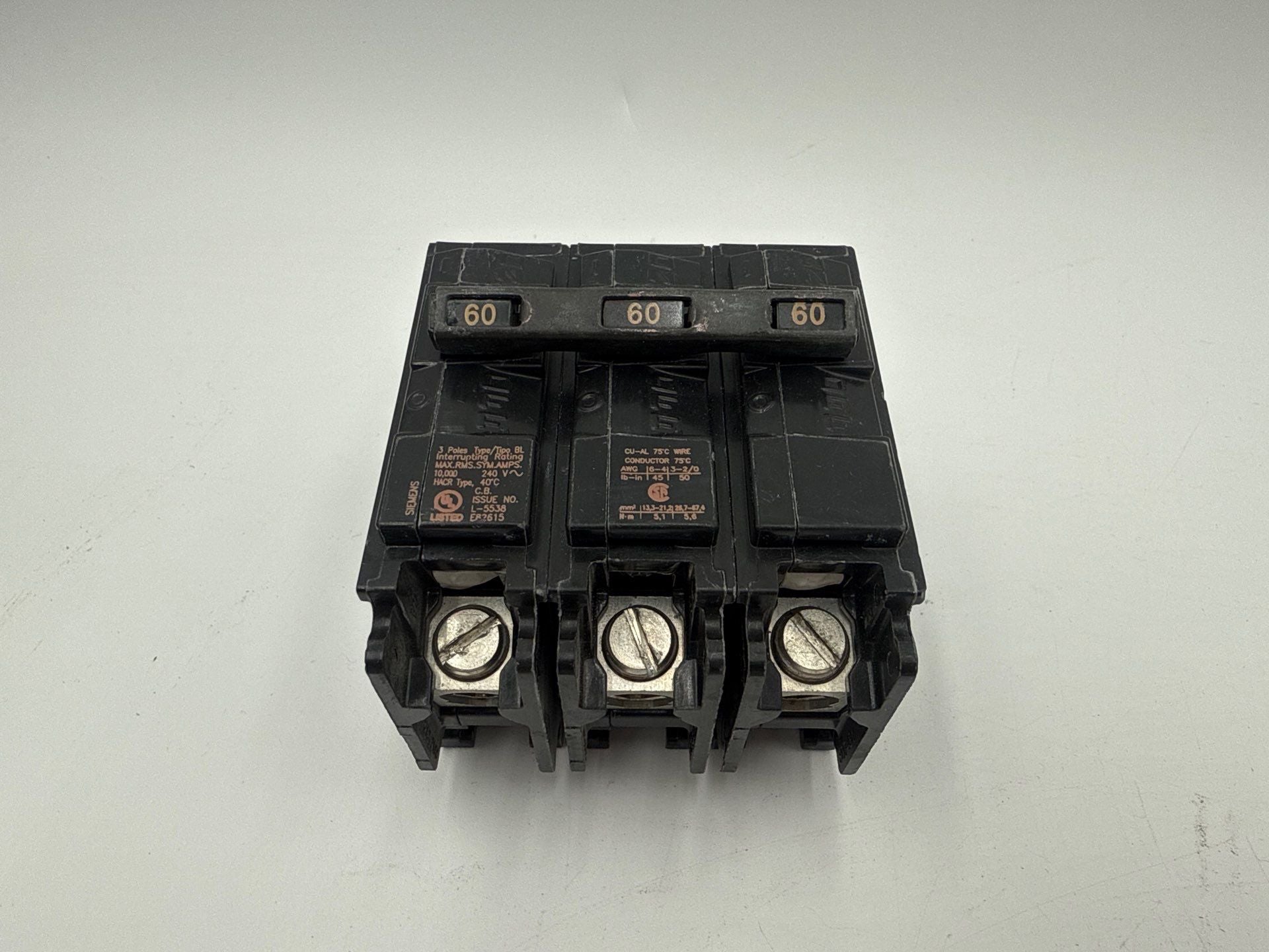 Siemens B360 Circuit Breaker 60A 3P 240V BL 60 Amp 3 Pole 3PH Bolt On Used
