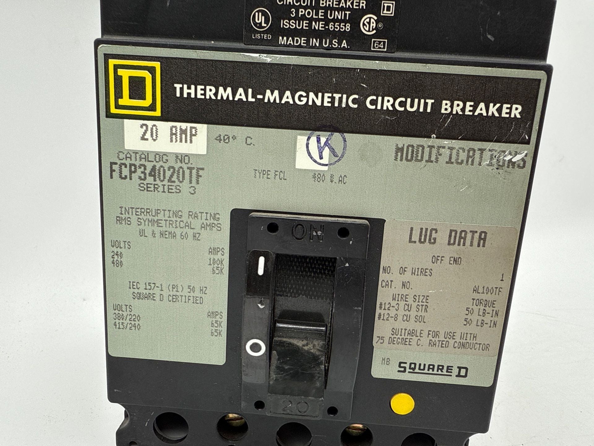 Square D FCP34020TF Circuit Breaker 20A 3P 480V FCL 20 Amp 3 Pole Used
