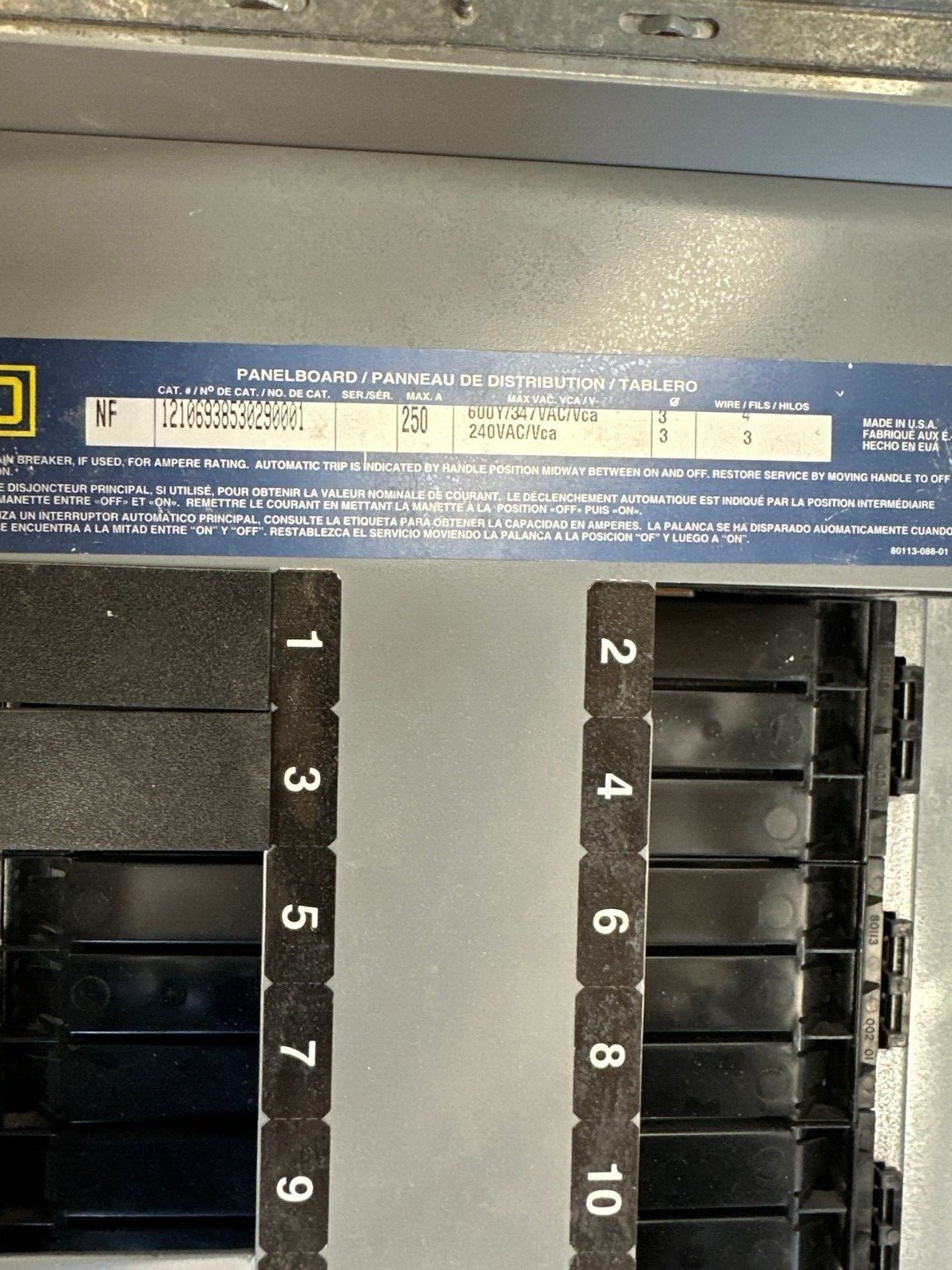 Square D NF Panelboard 250A 600Y/347V 3PH 4W Main Lug MLO Indoor Encl 42 Circuit P334 Used