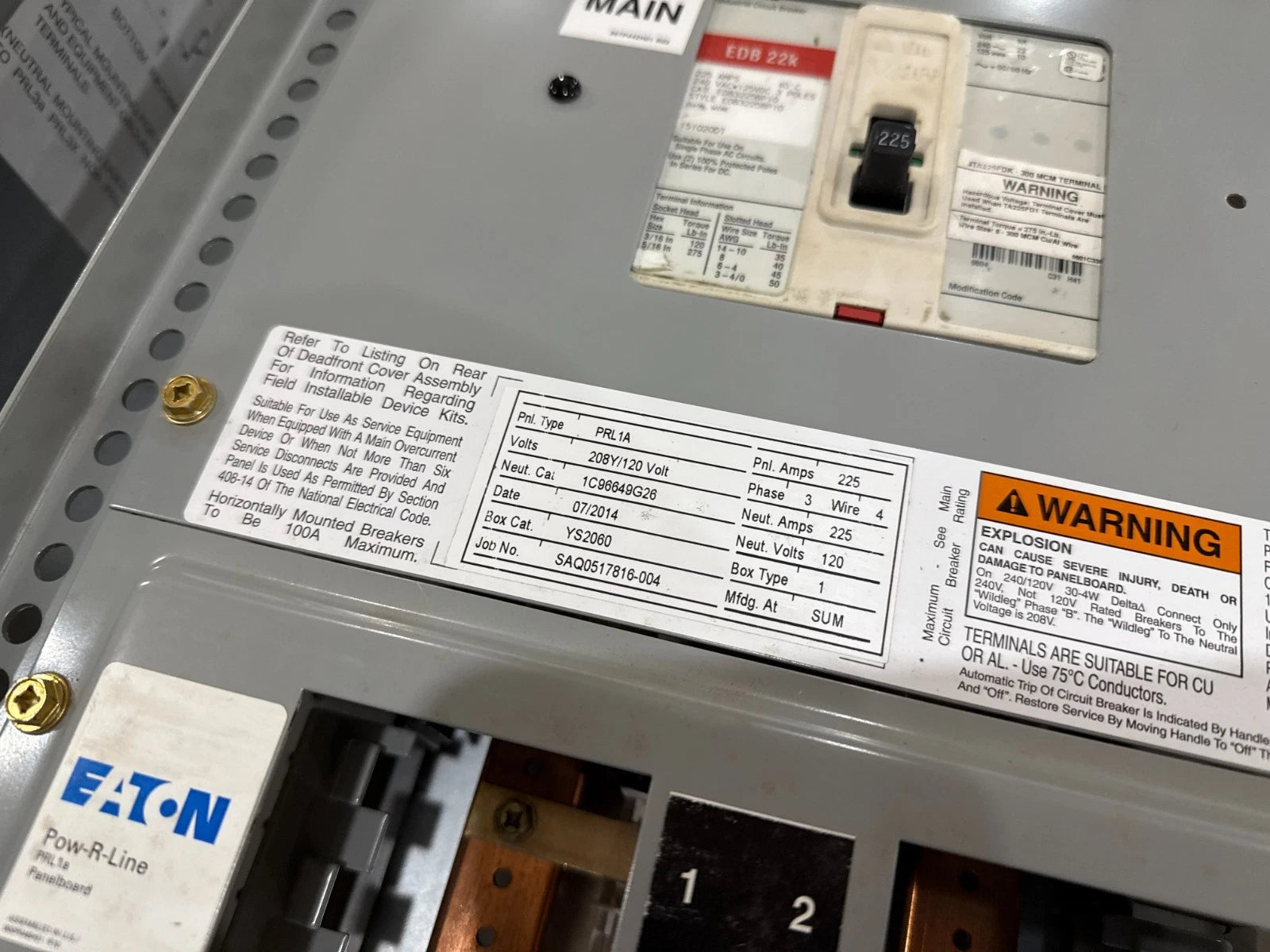 Eaton PRL1A Panelboard 225A 208/120V 3PH 4W MCB Panel 225 Amp 60Cir EDB3225BP10 Used