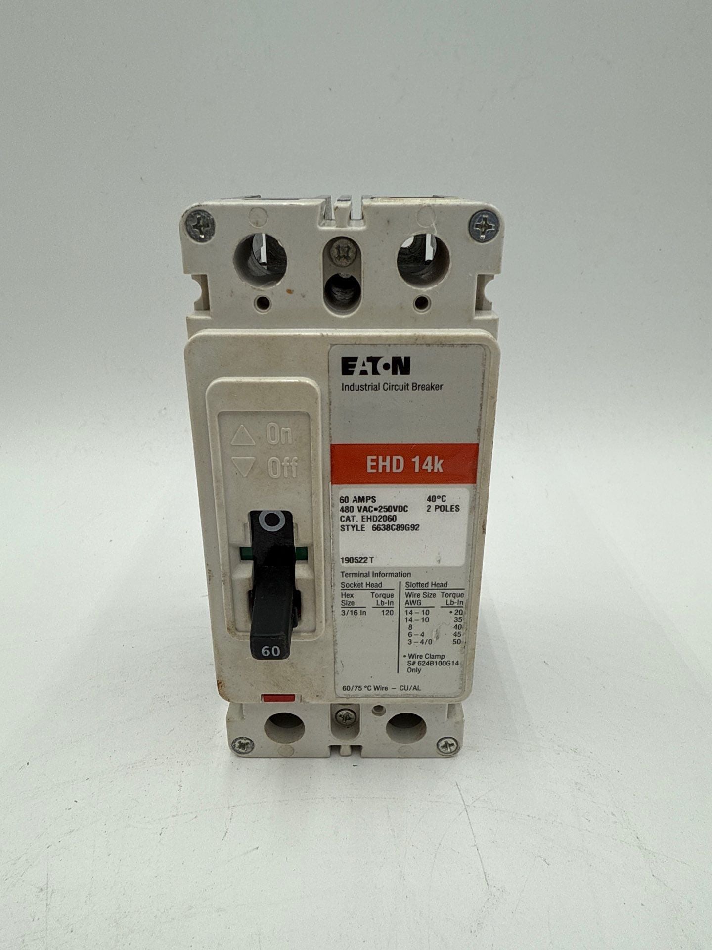 Eaton EHD2060 Circuit Breaker 60A 2P 480V EHD 14k 60 Amp 2 Pole Used