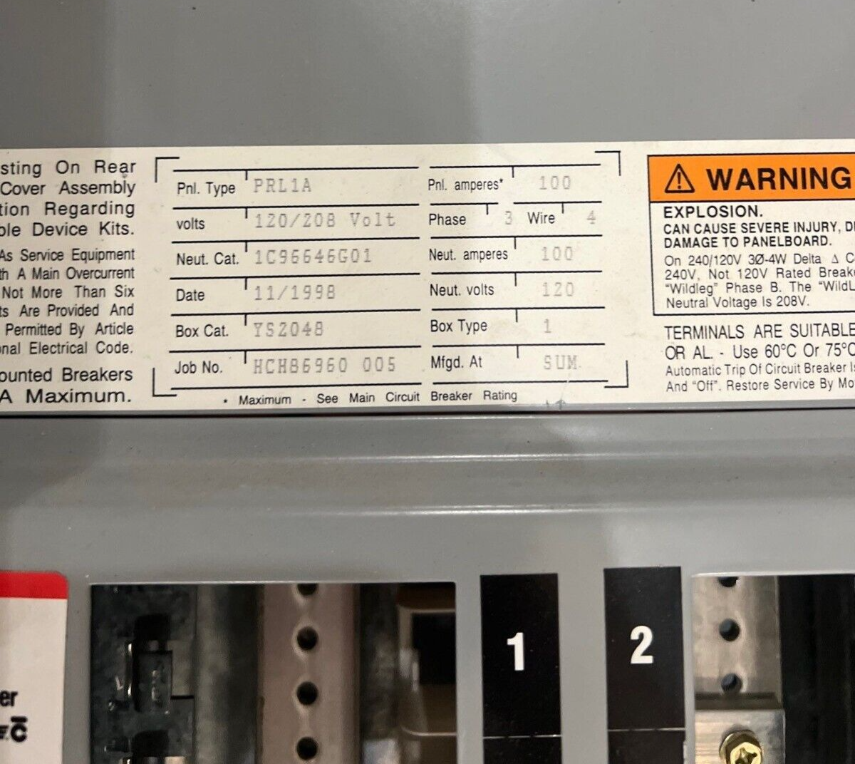 Cutler Hammer PRL1A Panelboard 100A 120/208V 3PH 42 Circuit Indoor MCB EHD3100 P663 Used