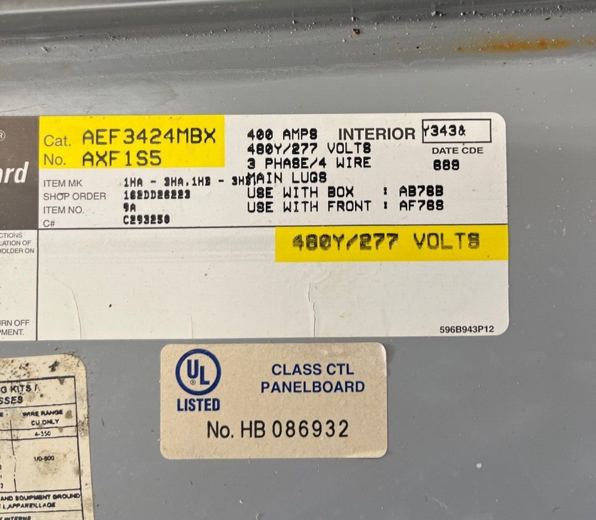 GE AEF3424MBX Panelboard 400A 3PH 480/277V 4W Indoor Encl MLO 42Cir SFHA36AT0250 P585 Used