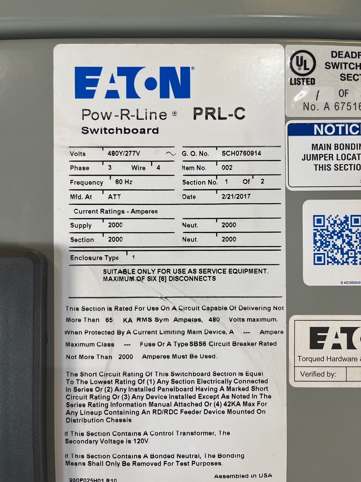 Eaton PRLC Switchboard 2000A 480/277V 3PH 4W SBS6203HEA LSIG Arc Flash Reduction Used