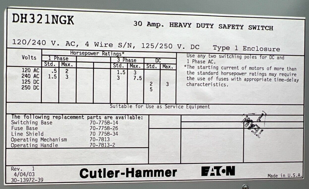 Cutler-Hammer DH321NGK Used
