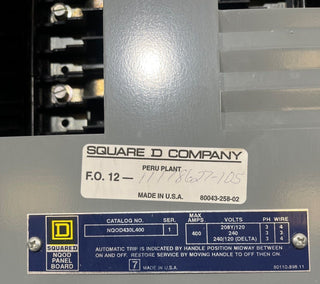 Square D NQOD430L400 Panelboard 400A 208/120V 3PH 4W 30 Cir MLO Panel 400 Amp Used