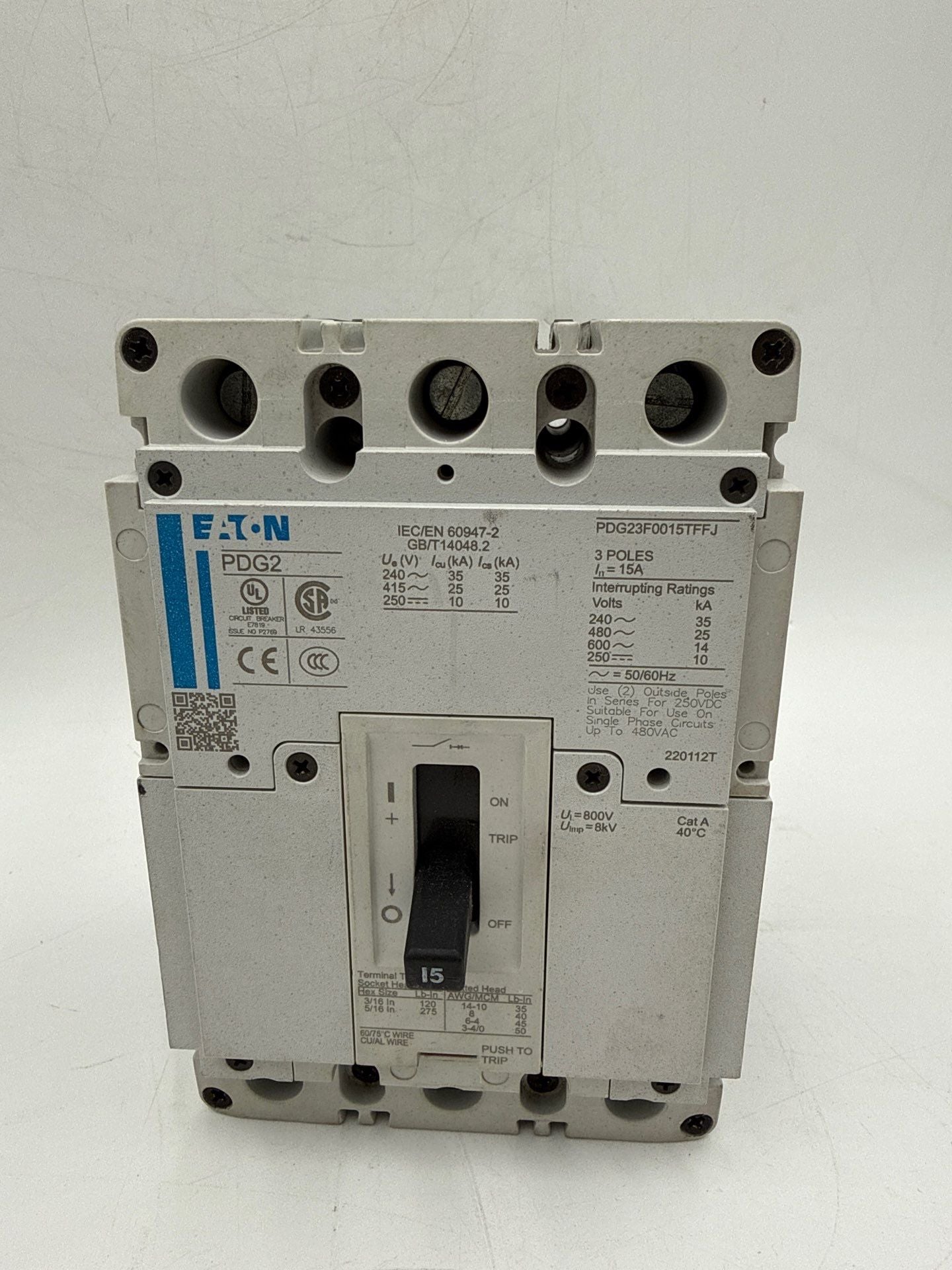 Eaton PDG23F0015TFFJ Circuit Breaker 15A 3P 600V PDG2 15 Amp 3 Pole 25kAIC Used
