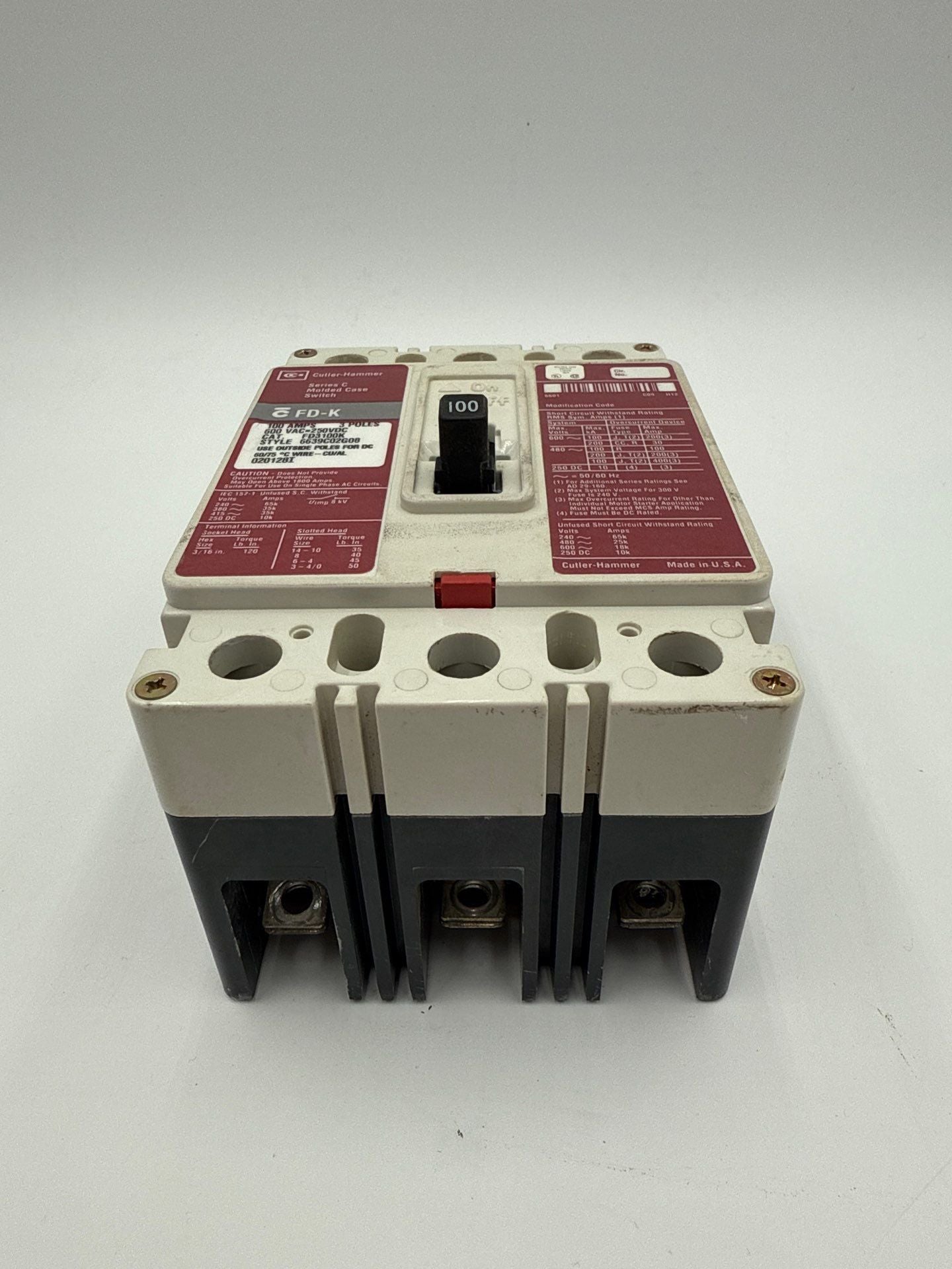 Cutler Hammer FD3100K Circuit Breaker 100A 3P 600V FD-K 100 Amp 3 Pole Used