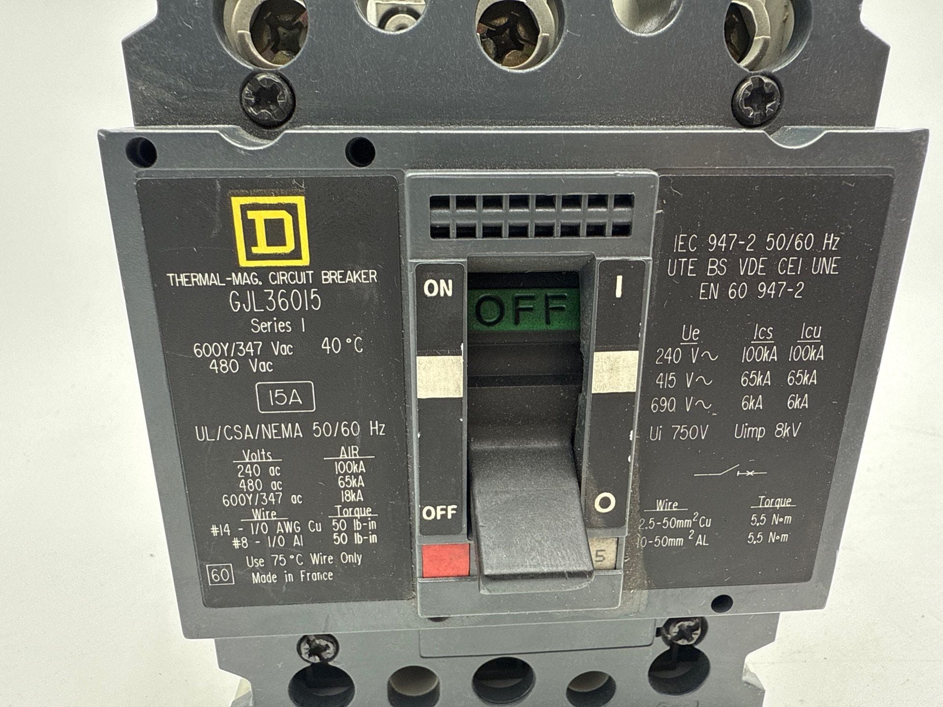Square D GJL36015 Circuit Breaker 15A 3P 600V GJL 15 Amp 3 Pole PowerPact Used
