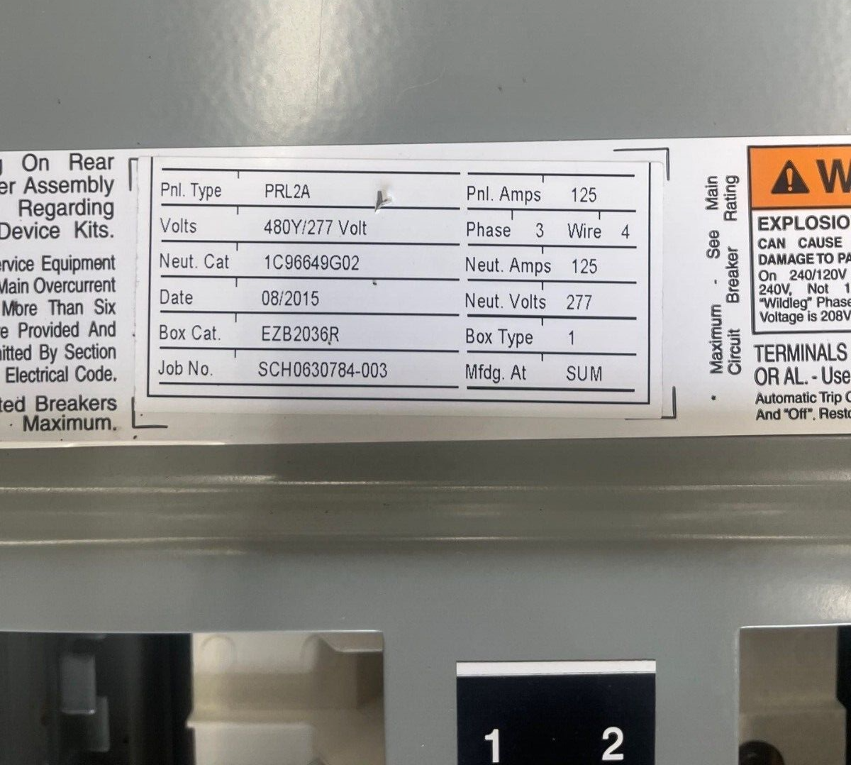 Eaton PRL2A Panelboard 125A 480/277V 3PH 4W Indoor Encl 18 Circuit MLO EZB2036R P603 Used