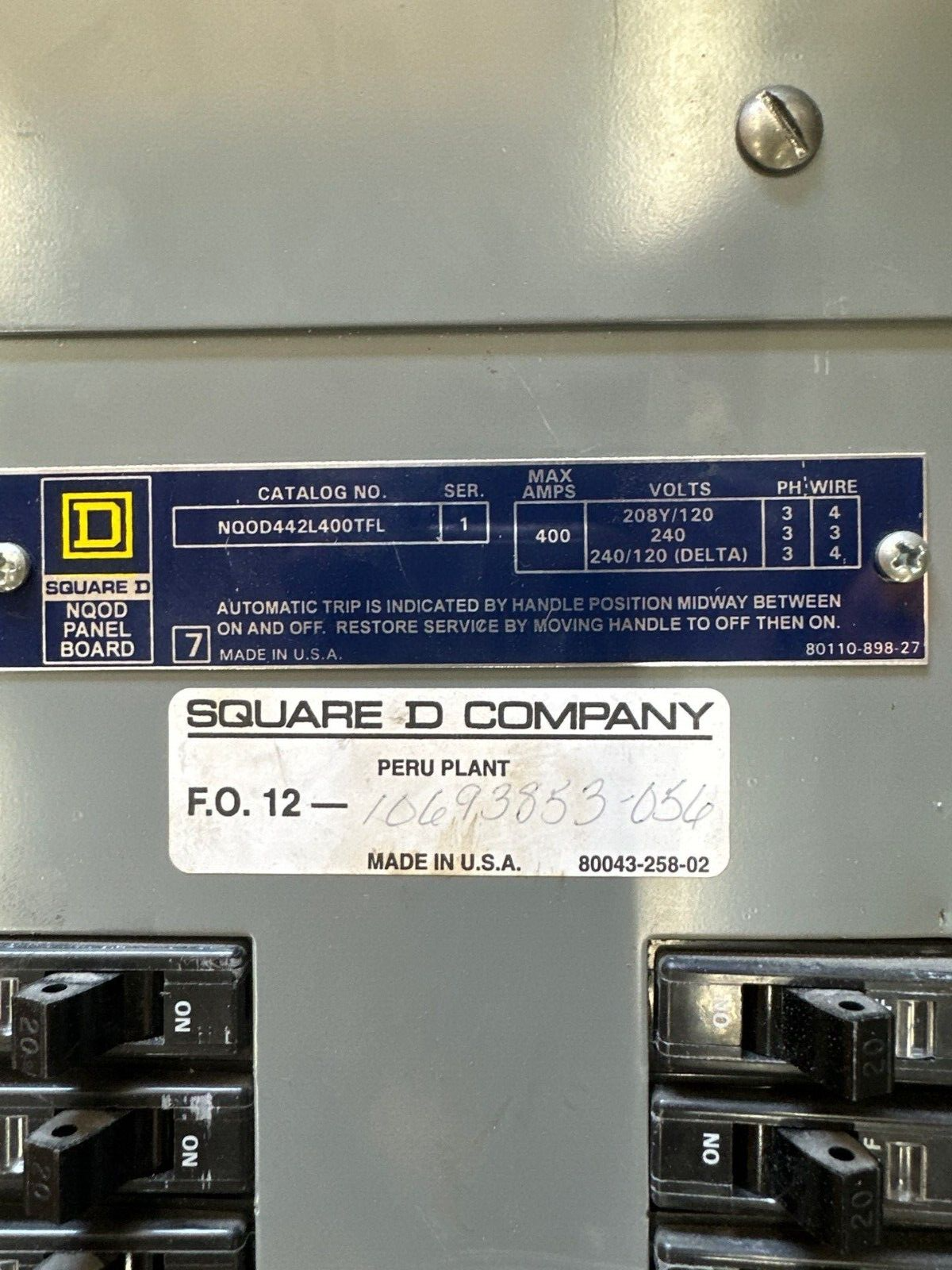 Square D NQOD442L400TFL Panelboard 400A 208Y/120V 3PH 4W 42 Cir Indoor Encl MLO P365 Used