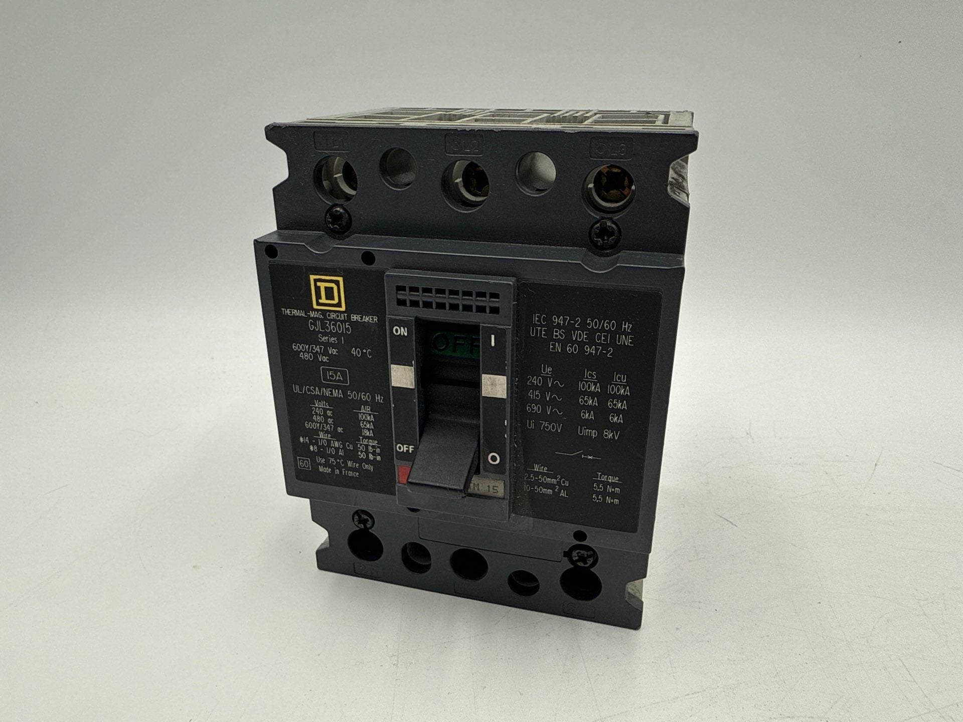 Square D GJL36015 Circuit Breaker 15A 3P 600V GJL 15 Amp 3 Pole PowerPact Used