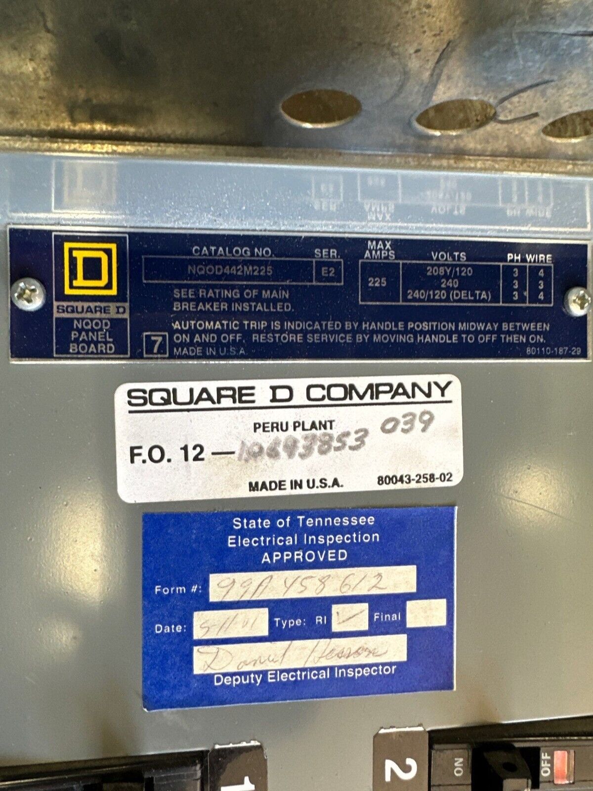 Square D NQOD Panelboard 225A 208Y/120V 3PH 42Cir 4W Indoor Encl MCB Q2L3100 P325 P324 Used
