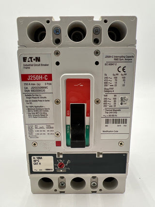 Eaton JGH3250NNWC Circuit Breaker 100A 3P 600V 3PH Bolt On JGH3100 Used