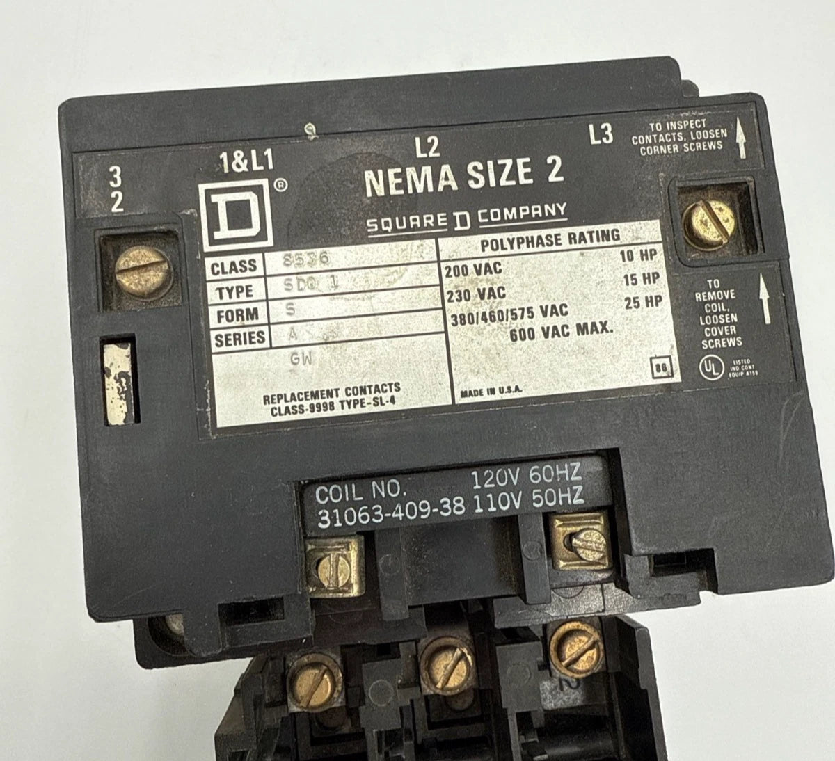 Square D 8536SD01 NEMA Size 2 Starter Coil 110/120V 3P 600V 3PH 25HP 8536SDO1 Used