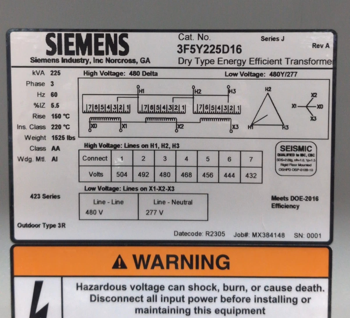 225KVA Siemens 3F5Y225D16 Transformer Pri 480V Sec 480/277V 3PH Outdoor 3R Encl New