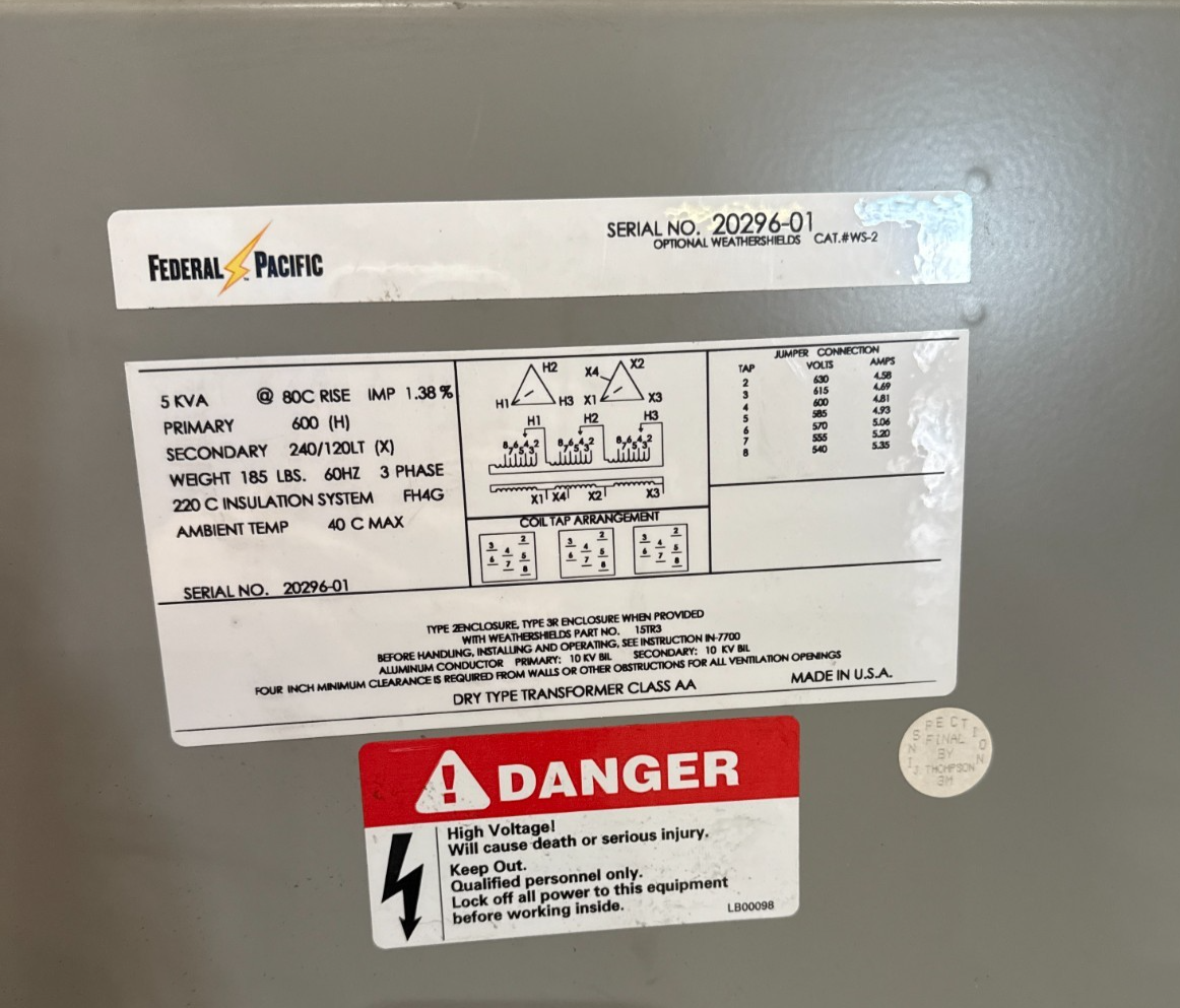5 KVA Federal Pacific 20296-01 Transformer Pri 600V Sec 240/120V 3PH Indoor Encl New