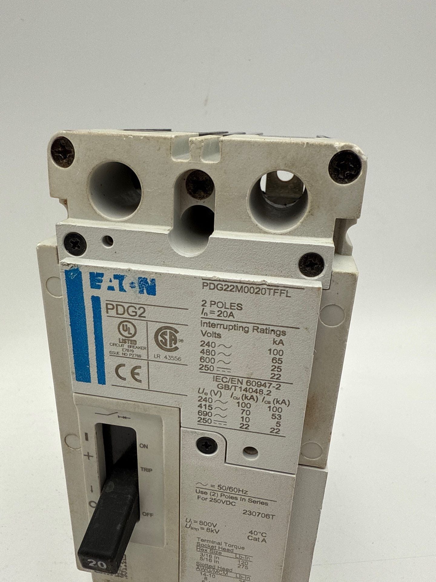 Eaton PDG22M0020TFFL Circuit Breaker 20A 600V 2P Bolt On 20 Amp 2 Pole PDG2 Used