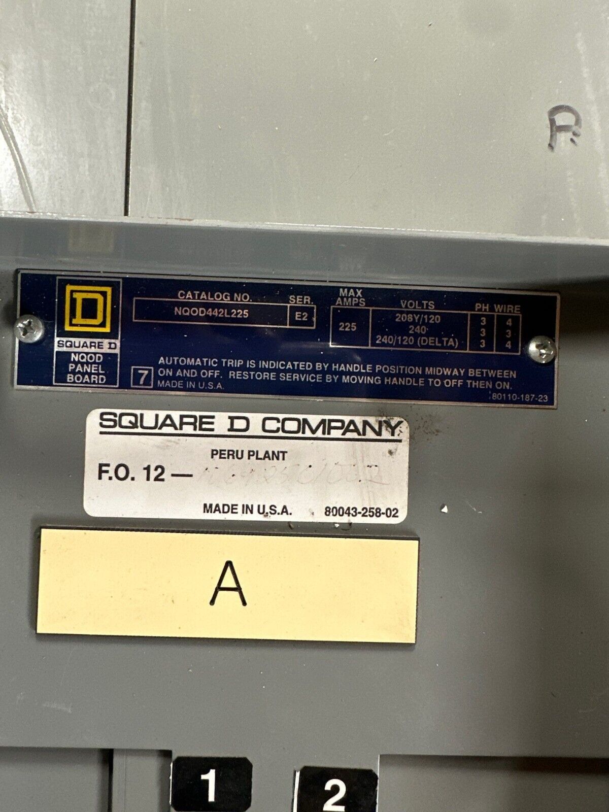 Square D NQOD442L225 Panelboard 225A 208Y/120V 3PH 4W Main Lug Panel MLO 42 Cir P285 Used