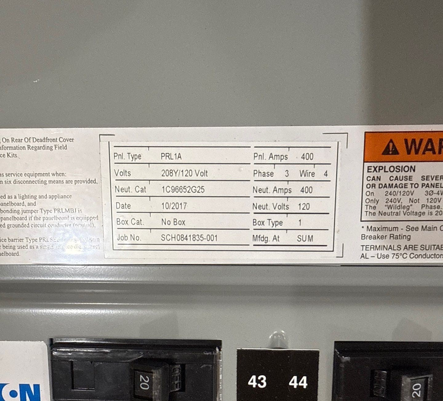 Eaton PRL1A Interior Panelboard 400A 208/120V 3PH 4W MLO 400 Amp Panel New
