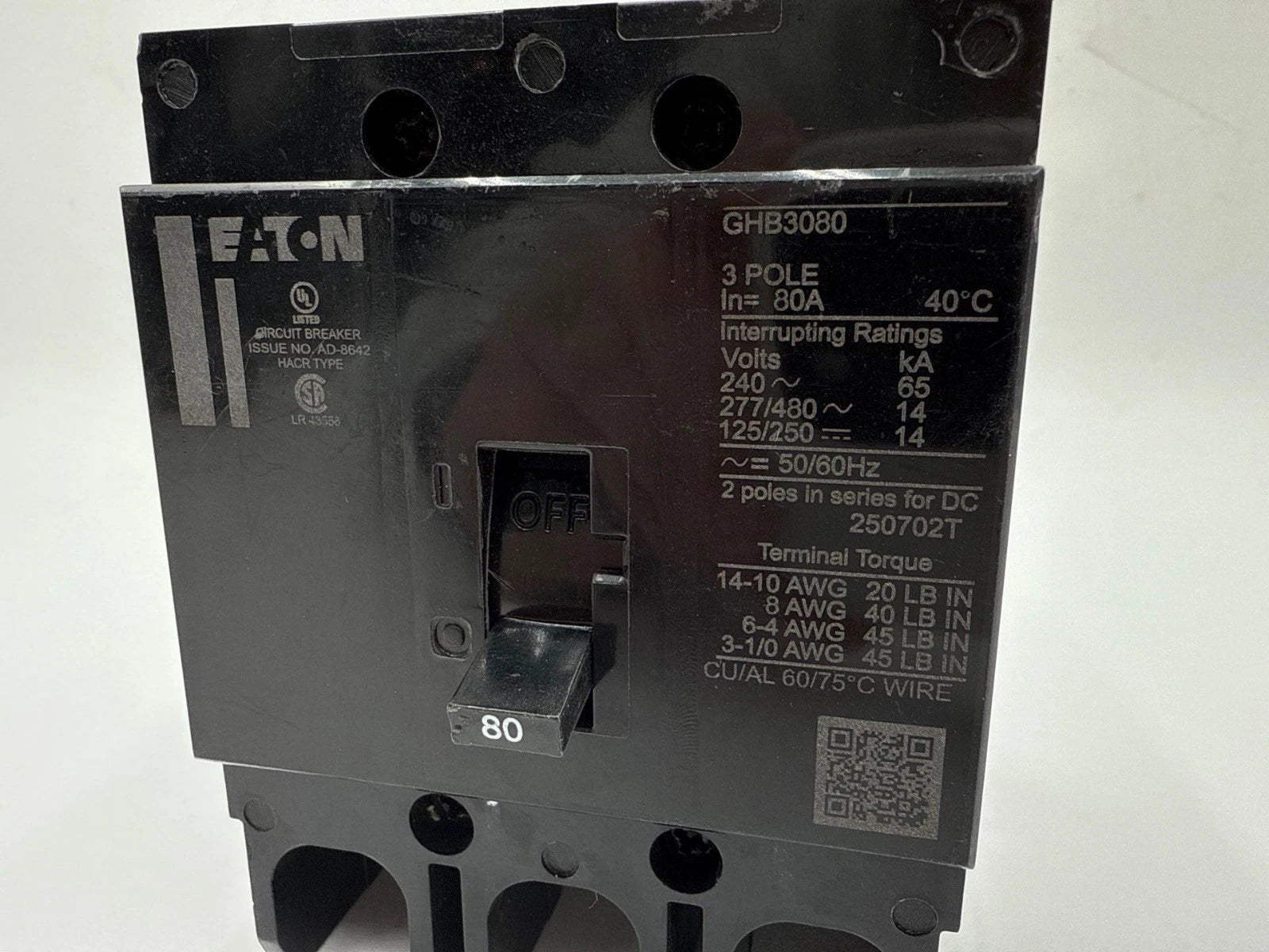 Eaton GHB3080 Circuit Breaker 80A 480/277V 3P GHB 80 Amp 3 Pole Bolt on New