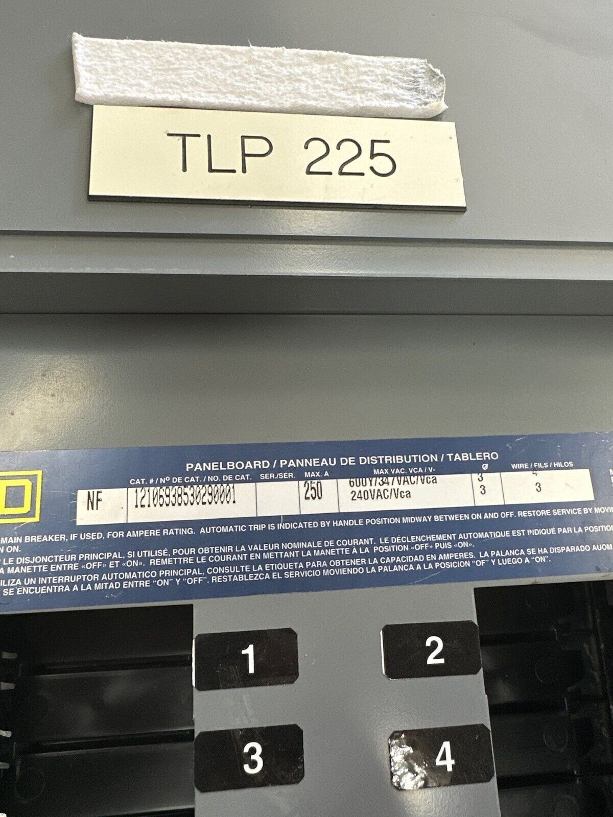 Square D NF Panelboard 250A 600Y/347V 3PH Main Lug MLO Indoor Encl 42 Circuit 4W P340 Used