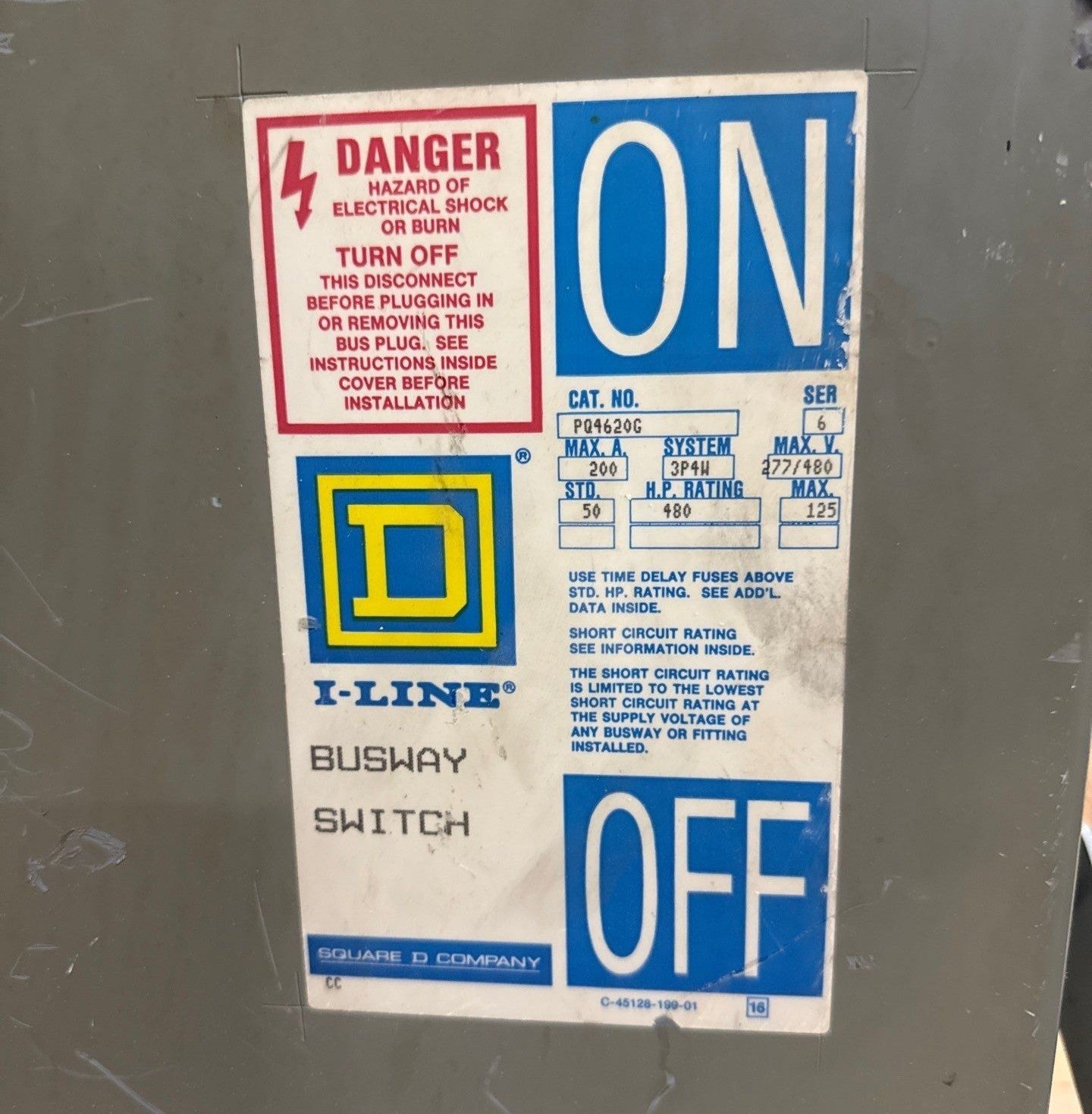 Square D PQ4620G Busplug I-Line Busway Switch 200A 3P 4W 277/480V PQ-4620G Used
