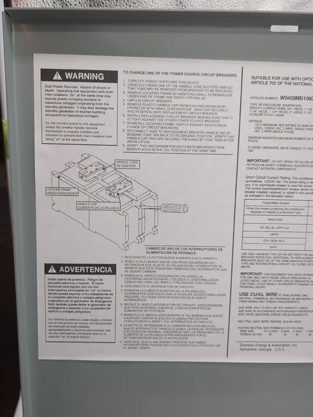 Siemens W0408MB1060GC Standby Power Load Center 60A 120/240V Type 3R New