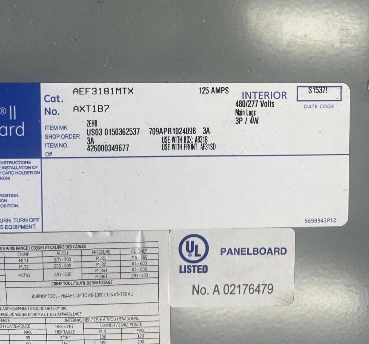 GE AEF3181MTX Panelboard 125A 480/277V 3PH 4W Indoor Encl 18 Circuit MLO AB31B P605 Used
