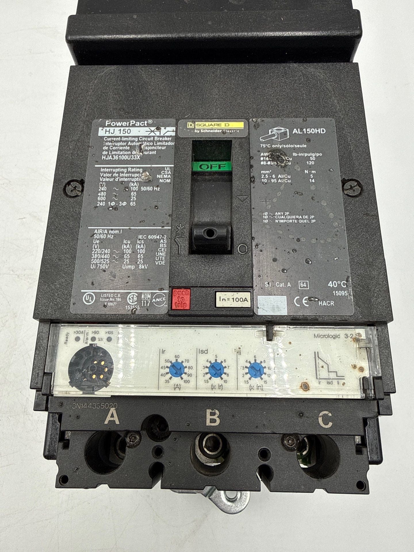 Square D HJA36100U33X I-Line Circuit Breaker 100A 3P 600V HJA Used