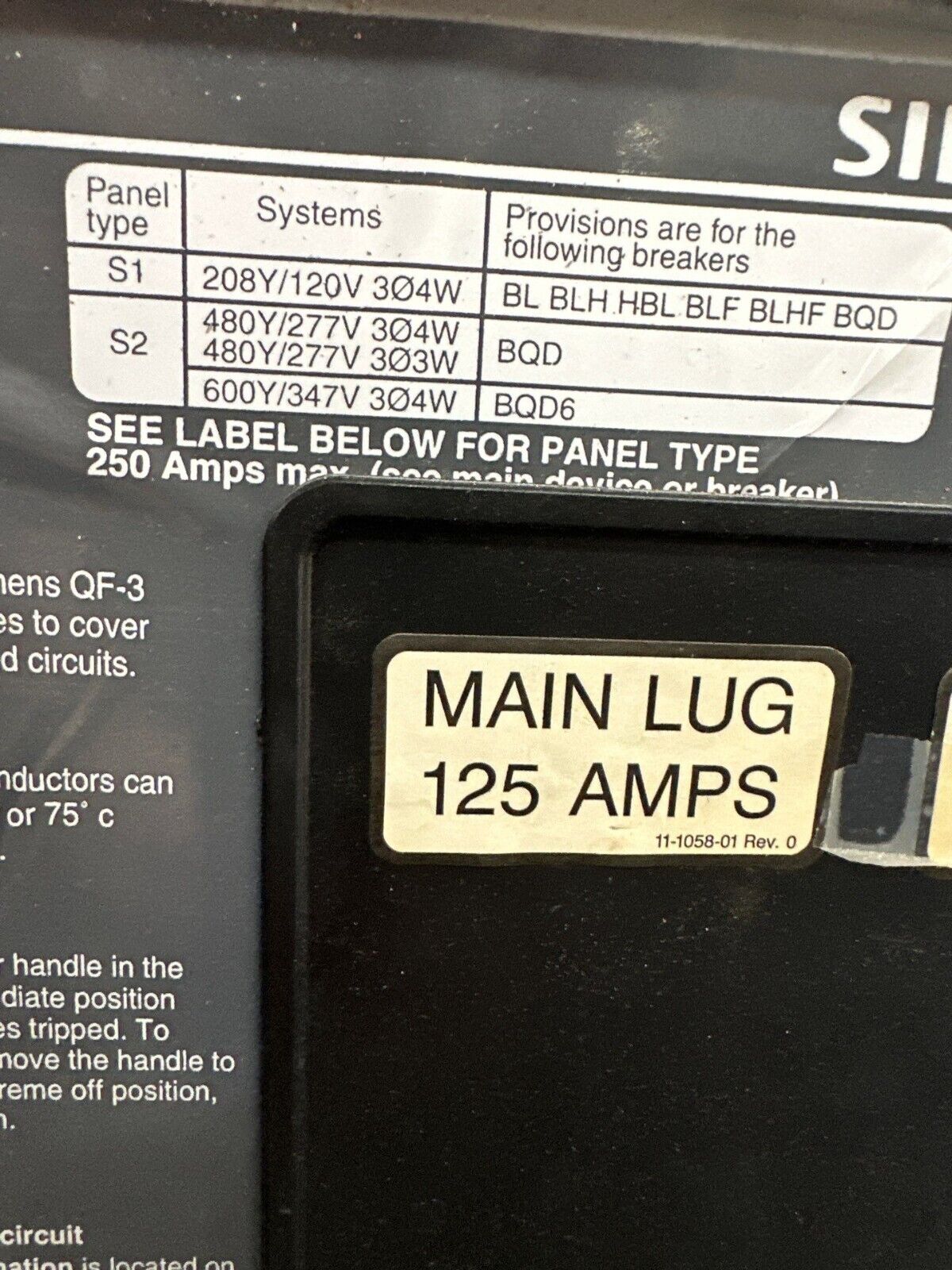 Siemens S1 Panelboard 250A 208Y/120V 3PH 4W 42 Circuit Indoor Encl 250 Amp Max P395 Used