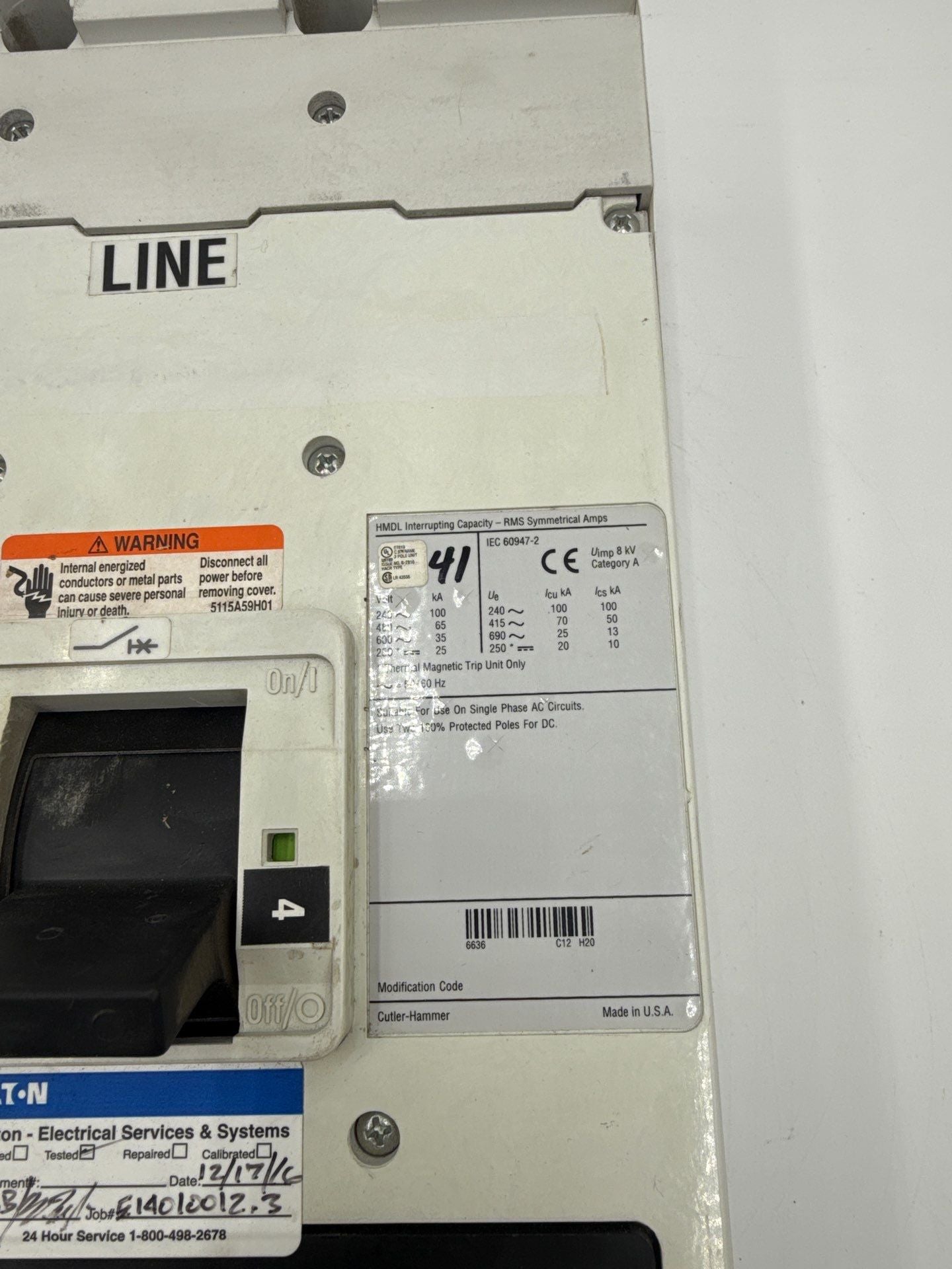 Eaton HMDL3800 Circuit Breaker 800A 3P 600V HMDL 65k 800 Amp 3 Pole LSIG Used