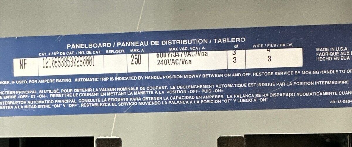 Square D NF Panelboard 250A 600Y/347V 240V 3PH 4W 42 Circuit 250 Amp MH44 P401 Used