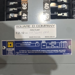 Square D NQOD442L400 Panelboard 400A 208Y/120V 3PH 4W 42 Cir 400 Amp MLO Panel Used