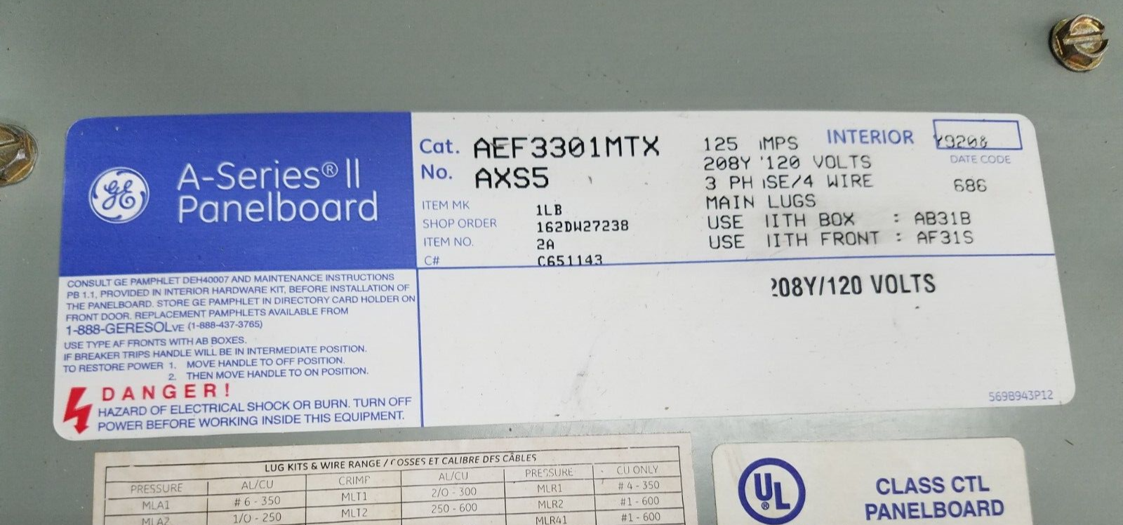 GE AEF3301MTX Panelboard 125A 208Y/120V 3PH 4W 30 Circuit 125 Amp MLO Box AB31B P241 Used