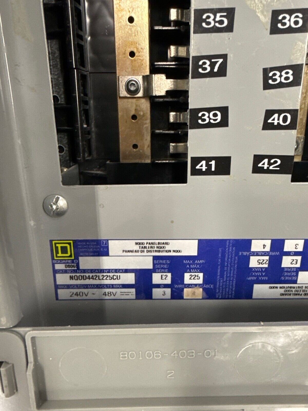 Square D NQOD442L225CU Panelboard 225A 240V 3PH 4W 42 Cir 3R Outdoor Encl MCB P635 Used