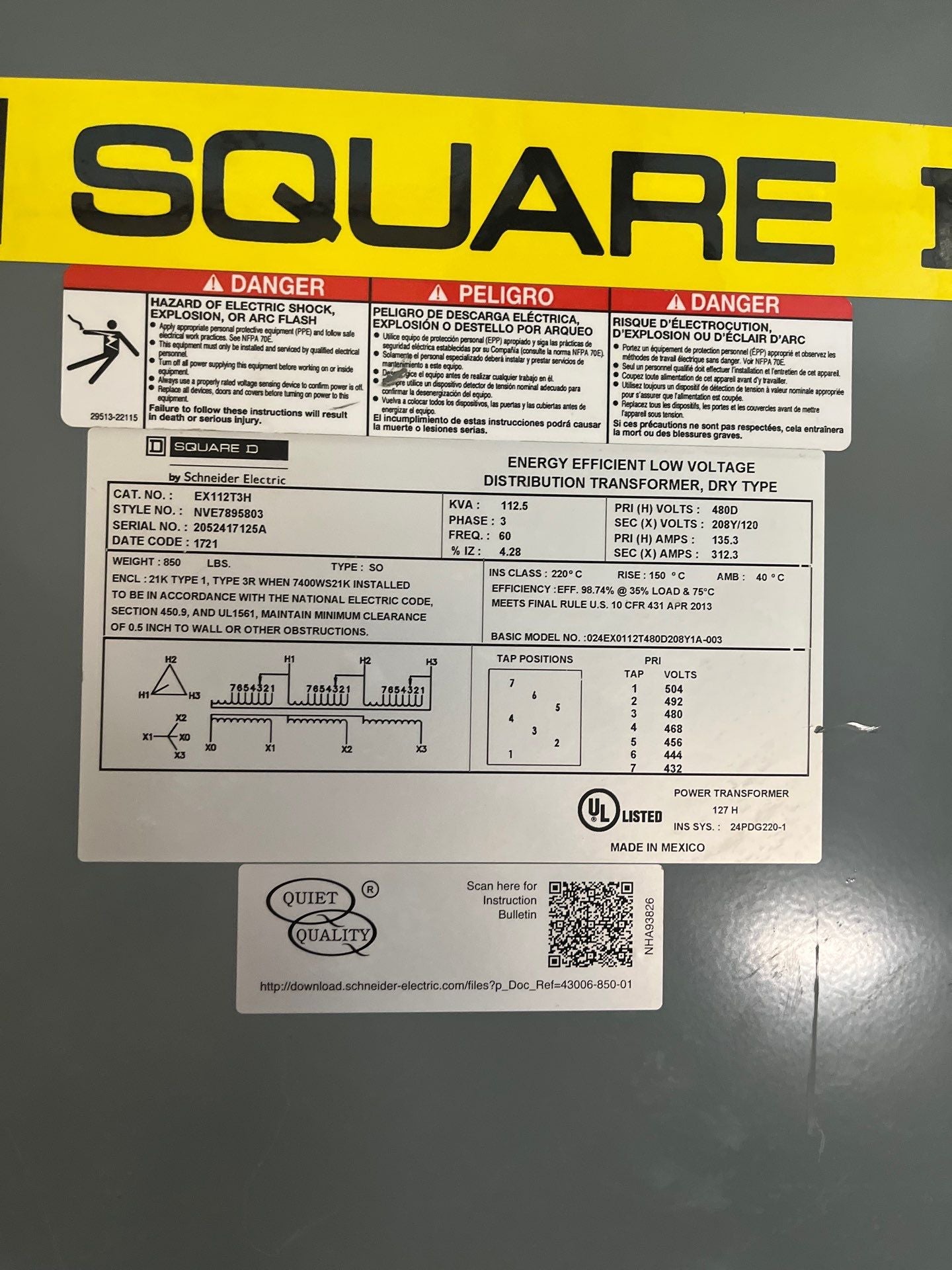 112.5kVA Square D EX112T3H Transformer Pri 480V Sec 208/120V 3PH Type 1 Used
