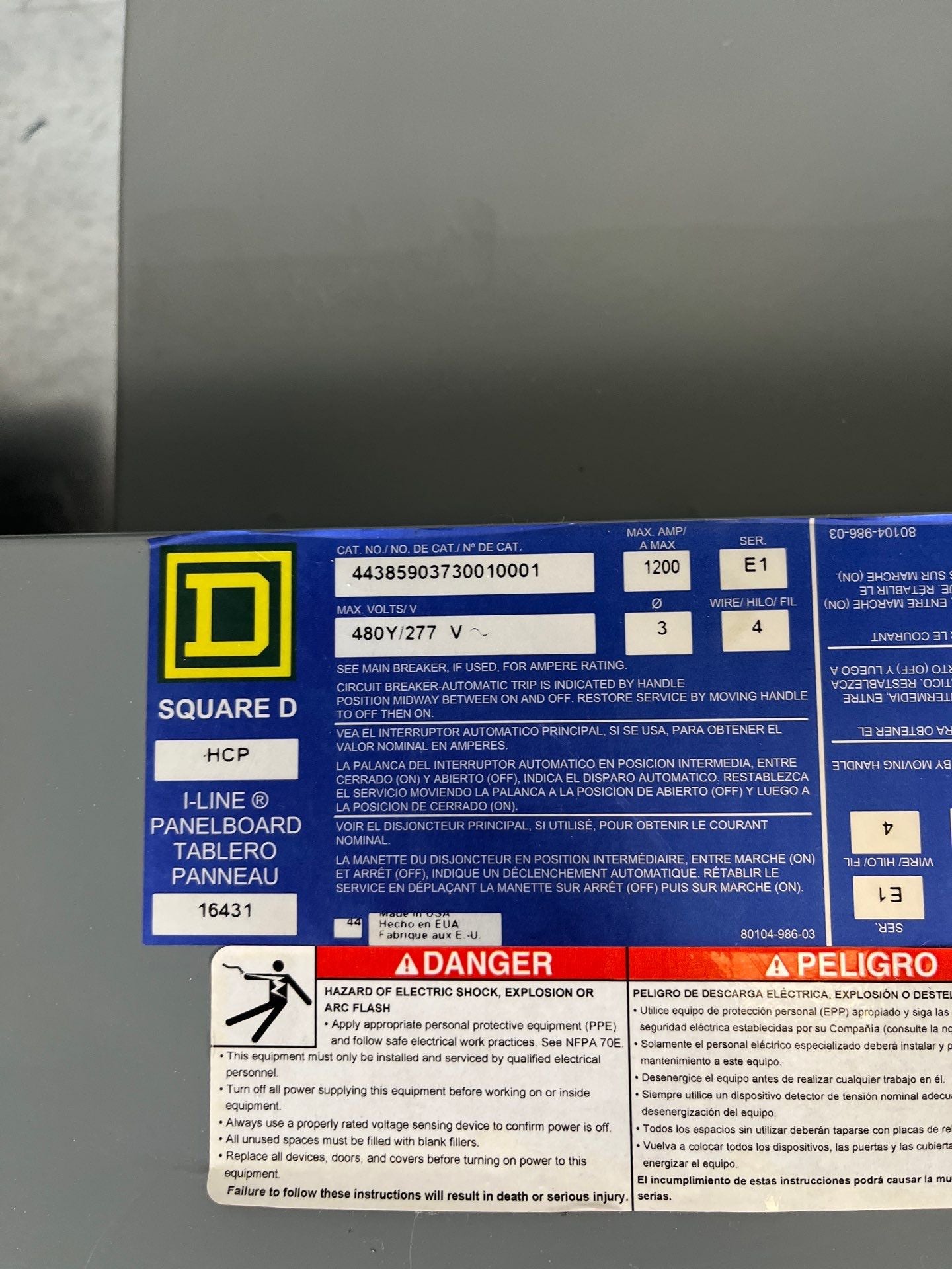 Square D HCP I-Line Panelboard 1200A 480/277V 3PH 4W 30Cir MLO Indoor Encl HC4259DB Used